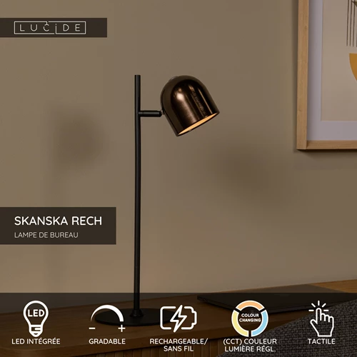 Lucide SKANSKA RECH - Lampe de bureau Rechargeable Intérieur/Extérieur - Batterie/Piles - LED Dim. - CCT - 1x3W 3000K/6000K - IP44 - Café - USP